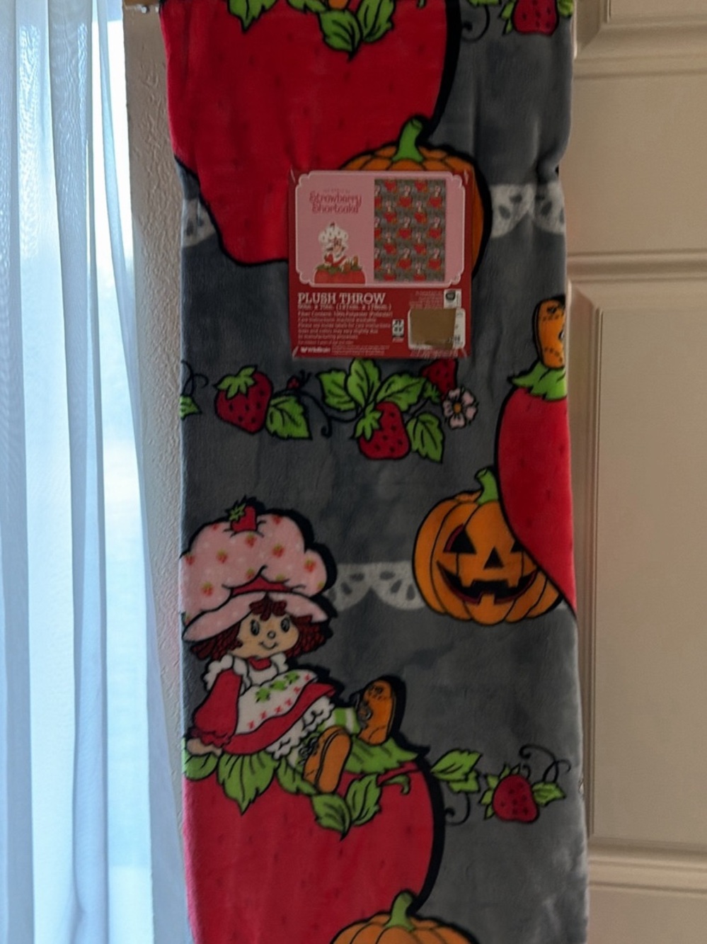 Strawberry-Themed Plush Throw Blanket in Gray & Red